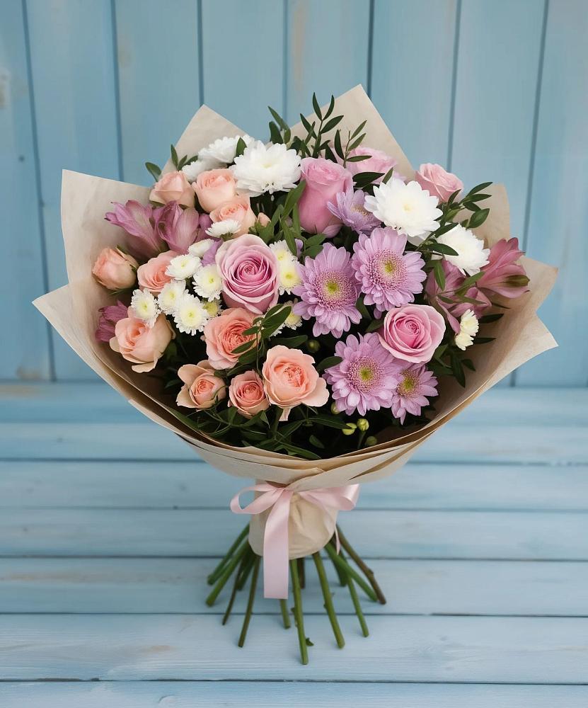 Букет цветов из: Хризантемы, Розы и Альстромерии в Кропачёво