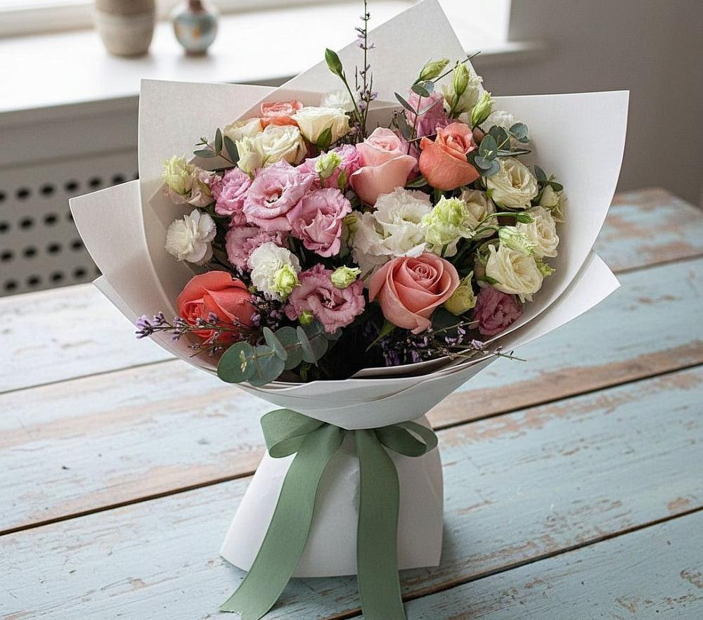 Букет цветов из: Розы, Лизиантусы и Гвоздики в Кропачёво