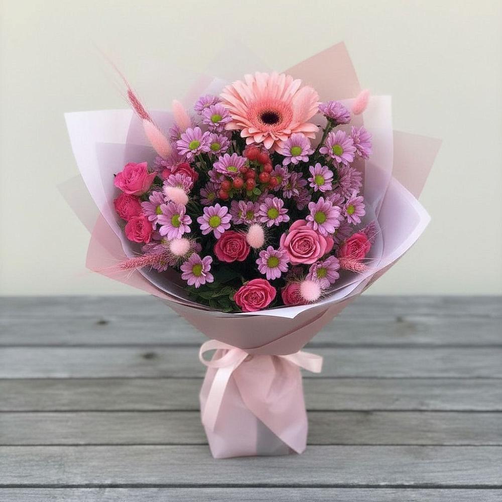 Букет цветов из: Розы, Герберы и Хризантемы в Кропачёво